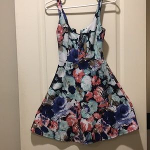 Aqua womens floral flare dress straps sleeveless zip back has stretch size XS